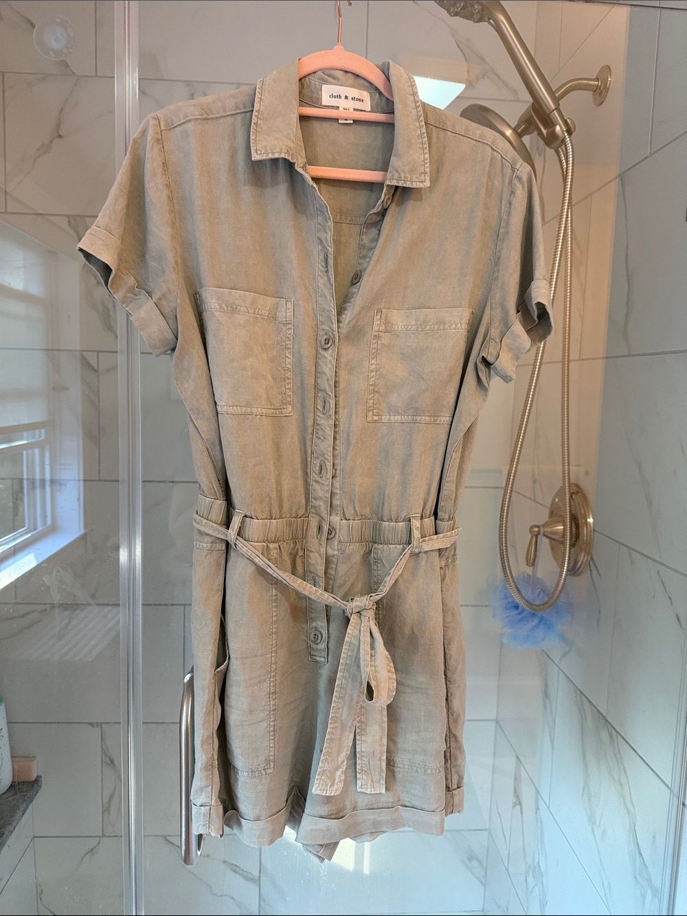 cloth & stone Washed Light Gray Utility Romper with Tie Waist